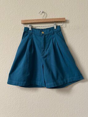 Big Bud Press Trousers High Rise Pleasted Front Teal Cotton Shorts XXS